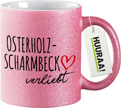 Produktbild von Huuraa Glitzertasse Osterholz-Scharmbeck verliebt 330ml Pink Keramik Kaffeebecher Geschenkidee