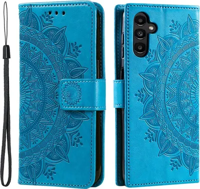 A blue flip case for a Samsung Galaxy A34 5G phone, featuring a mandala embossed design.
