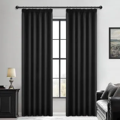 Obrázok produktu pre Závesy Unyqoos® pre deti a tínedžerov – 2-dielna sada, 245 × 140 cm (výška × šírka), čierna, polyester 220 g/m², s volánmi, 75–85% zatemnenie, 4 spôsoby upevnenia