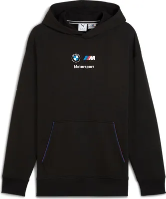 Produktbild von BMW M Motorsport Kapuzenpullover Essential Puma, Offizieller Fanartikel, Schwarzer Hoodie mit BMW und M Logo, Kängurutasche, Baumwoll-Polyester-Mix