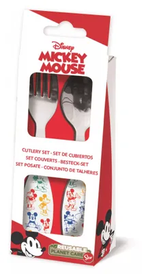 Obrázok produktu pre Sada 2 detských príborov z nehrdzavejúcej ocele na opakované použitie, pozostávajúca z vidličky a lyžice - Mickey Mouse True Original, Estándar
