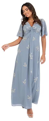 Productafbeelding van Maya Deluxe damesjurk, maxi-model, met V-hals, engelermouwen en bloemenprint, versierd met parels