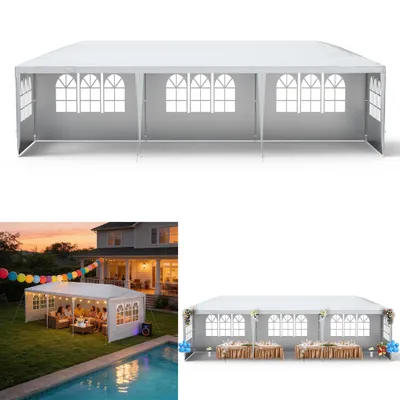 Obrázok produktu pre XMTECH Záhradný pavilón Záhradný stan 3x9m Vodotesný záhradný pavilón s odnímateľnými bočnými stenami a oknami Party stan Pivný stan UV ochrana (sivý)