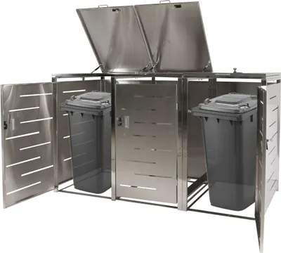 A stainless steel trash can enclosure with three compartments, two of which contain gray trash bins.