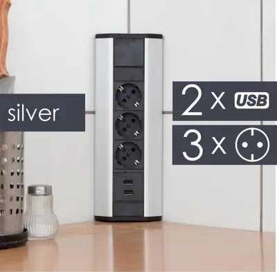 Produktbild von DELIGHT - Eckeinbausteckdose mit 2x USB und 3 Steckdosen - Silber mit Schwarz