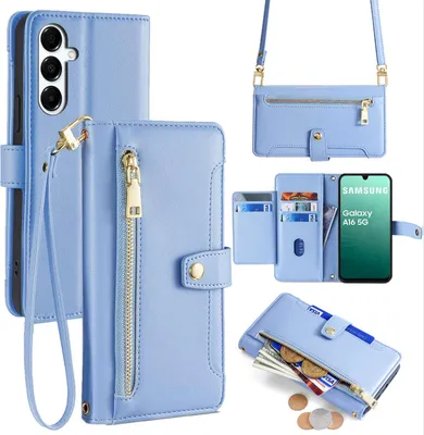 Produktbild von Handykette für Samsung Galaxy A16 Hülle mit Band Handyhülle Kartenfächer Kunstleder Umhängetasche in Hellblau