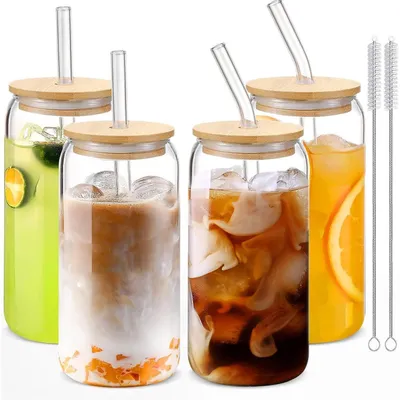 Productafbeelding van Glazen deksels, rietjes, set van 4, 500 ml, cocktailglazen, transparant