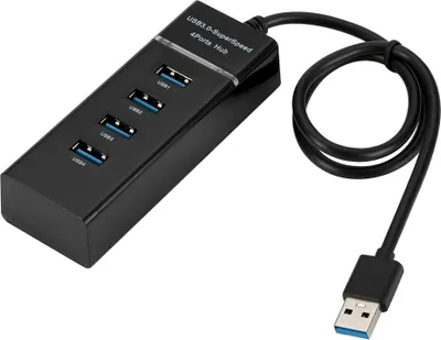 A black USB 3.0 hub with four ports and a connected USB cable is shown against a white background.