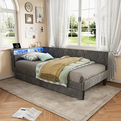 Produktbild von Moonbite Bett mit Stauraum 90x200 cm Stoff Grau, LED- und USB-Kopfteil, Schublade, Lattenrost, Flache Silhouette