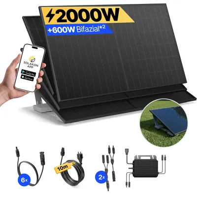 Produktbild von Balkonkraftwerk 2000W Solaranlage mit Garten Halterung Steckerfertig Komplettset Photovoltaik Anlage 800W, Kabellänge: 10m, Solakon - onPower