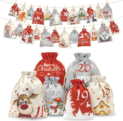 Produktbild von Adventskalender Säckchen zum Selbstbefüllen 24er Set 2024 2 Größen Stoffbeutel Tüten Weihnachtskalender für Kinder Erwachsene