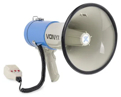 Imagen del producto de Megáfono con micrófono - 60 vatios de potencia - Reproductor de MP3 con USB y tarjeta SD - Para uso en interiores y exteriores