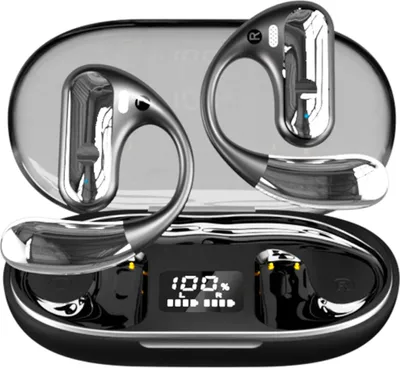 A pair of black and silver wireless earbuds with a charging case, displayed open.