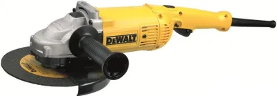 A yellow and silver DeWalt angle grinder with a black handle and disc, isolated on a white background.
