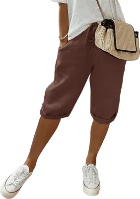 Produktbild von ASKSA Damen Sommer Leinenhose Luftig Hohe Taille Caprihose Locker Elastisch Strandhose Kurzehose, Braun, Groesse: L