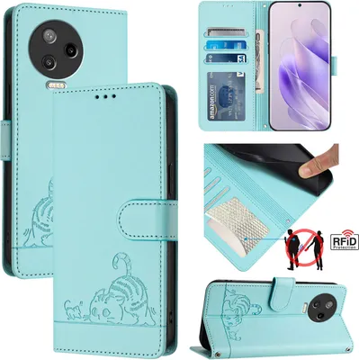 Produktbild von Leder Hülle für Infinix Note 12 Pro 4G /Note 12 (2023) Süße Katze Flip Case Brieftasche Schutzhülle mit Standfunktion hellgrün