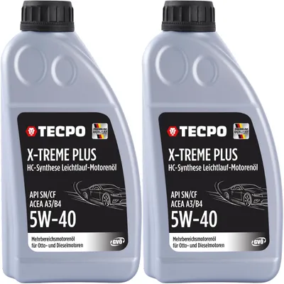 Produktbild von TECPO Motoröl 5W40 Öl X-TREME Plus Öl, 2 Liter 5W-40 Gebinde HC-Synthese für Diesel-und Benzinmotoren entspricht API SN/CF / ACEA A3/B4 / 502/505 / 226.3/226.5 / Longlife 01/98