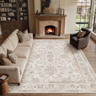 Image de Tapis pour salon, 300x400 cm, lavable, beige, à poils courts, rectangulaire