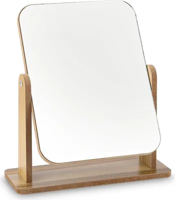 A tabletop mirror with a wooden frame and base, shown against a white background.