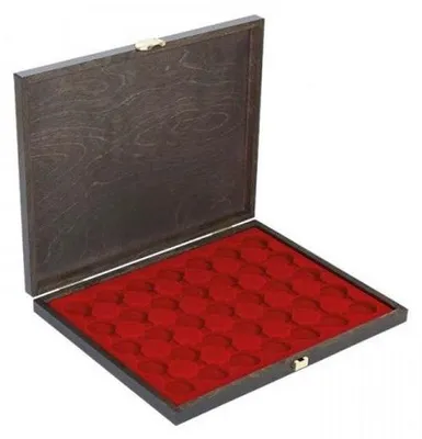 Produktbild von Lindner S2491-2930E Echtholz-Münzkassette CARUS-1 mit einer dunkelroten Münzeinlage für 35 Münzkapseln mit Außen-Ø 32 mm, z.B. für 2 Euro-Münzen in Münzkapseln