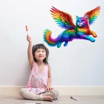 Zdjęcie produktu dla Naklejka ścienna Decords – kot w kolorach tęczy z skrzydłami, 20 cm