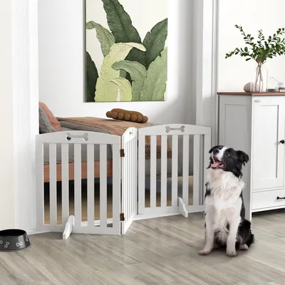 Produktbild von Hunde-Absperrgitter 3 Paneele freistehend klappbar, Hundeschutzgitter MDF rutschfest, Weiß | 155 x 61 cm | 5,7 kg | Stützfüße