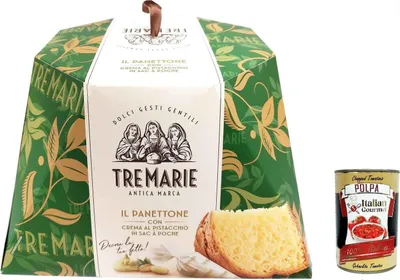 Produktbild von Tre Marie Panettone Pistaziencreme 950 g italienischer Weihnachtskuchen mit Beutel zum Aufspritzen (sac à poche) – weich & duftend, Mailänder Tradition Geschenkverpackung + Italian Gourmet polpa 400g