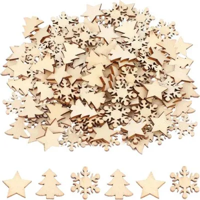 Productafbeelding van 100 stuks mini-houtsnippers, houten sterren, sneeuwvlokken van hout, kerstdecoraties van hout, kantoordecoratie