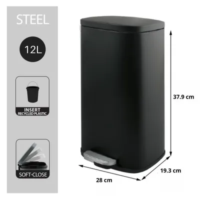 Obrázok produktu pre Kozmetický kôš Spirella 12 l z nehrdzavejúcej ocele s mechanizmom Soft-close a vnútorným košom "Akira" Kúpeľňový odpadkový kôš Softclose čierny matný