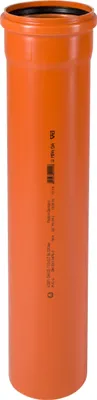 A close-up studio shot of an orange pipe with black text printed on it.