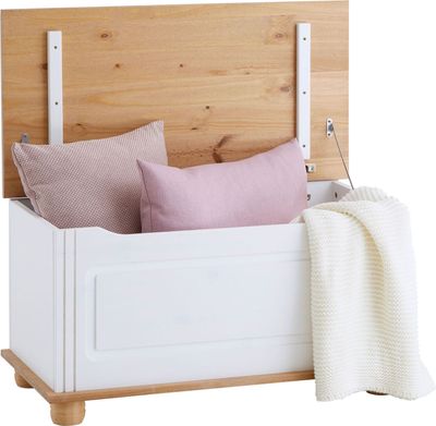 Sitztruhe Truhenbank BRISTOL, Sitzbank Bank Holzbank Truhe im Landhausstil mit Klemmschutz, Kiefer massiv, weiß/braun lackiert