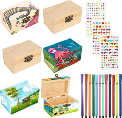 Produktbild von Holzkiste mit Deckel, 6 Stück, bemalen, kleben, 12 Aquarellstiften