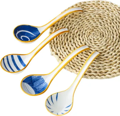 Produktbild von Keramik Suppenlöffel Set von japanischen Suppenlöffel Suppenlöffel mit langem Griff für Pho Ramen Nudeln Wonto