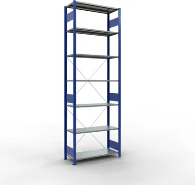 Produktbild von Schulte Fachbodenregal MULTIplus150 Stecksystem | Grundregal | HxBxT 300x100x40cm | 7 Ebenen | Fachlast 150kg | Enzianblau/Verzinkt