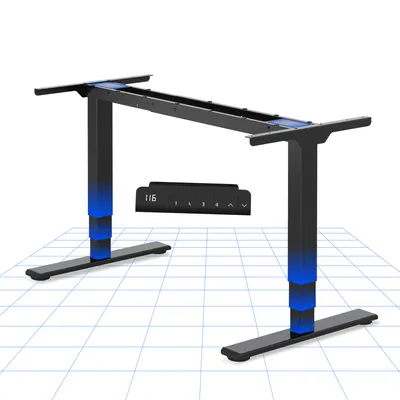 A black electric standing desk frame with blue accents, shown on a grid background.