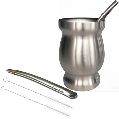 Obrázok produktu pre Sada na prípravu yerba mate, dvojitá stena, 237 ml, nerezová oceľ, strieborná farba, s 2 bombillami a kefkou
