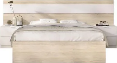 Image de Lit Adulte NIZA avec Chevets Intégrés, 160 x 200 cm, Chêne Naturel et Blanc, 2 Tiroirs