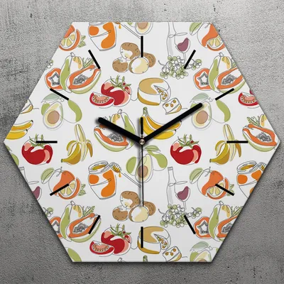 Produktbild von Uhr hexagonal 40 cm Glas Geräuschlos schwarze Zeiger - Obst und Gemüse