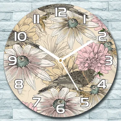 Produktbild von Wanduhr aus Glas Rund fi 30 Skizze Vögel Blumen Quarz Deko Wohnzimmer Büro