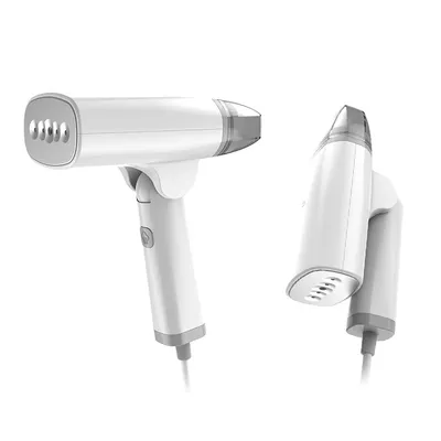 Two white handheld garment steamers are shown against a white background.