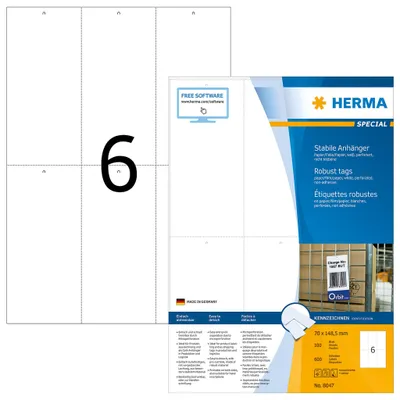 Zdjęcie produktu dla HERMA 8047, Biały, Prostokąt, 100 ark., Papier, Laser/Atrament, 7 cm