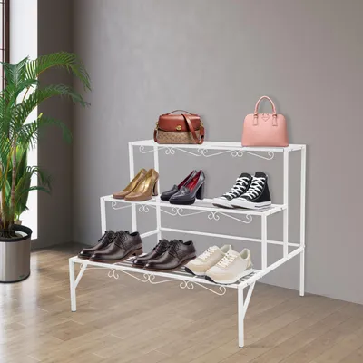 Productafbeelding van 3-laags plantenstandaard, wit, van metaal, in trappenstijl, groot displayrek voor bloempotten, max. 20 kg