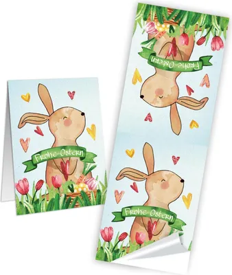Produktbild von 50 Frohe Ostern Aufkleber Osterhase Osterdeko bunt Osteretiketten 5 x 14,7 cm zur Verpackung für Kindergeschenke Geschenke Give-Away Tafel Kreide rot grün braun gelb blau