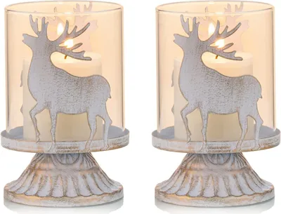 Produktbild von Kerzenhalter Weihnachtsdeko Innen Tisch: Windlichter 2er Set Hirsch Kerzenständer Metall Vintage für Weihnachten Deko Tisch Wohnzimmer Weiß