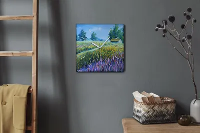 Produktbild von Coloray Hodiny Unikátní 30x30 cm  Tiché hodiny Pro obývací pokoj a kuchyň Nástěnné hodiny Plátno Bílé ručičky hodin - Krajina chalupy s květinami