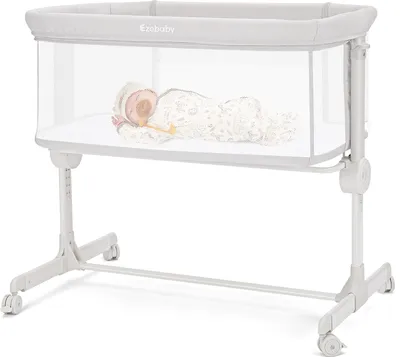 Produktbild von Ezebaby Beistellbett, 2 in1 Baby Bett ab Geburt bis 9 kg, Zustellbett 7 Höhenverstellung, mit Matratze/Faltbare Seitenwand/Räder, Netzgewebe Kinderbett (Hellgrau)