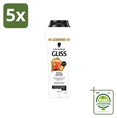 Productafbeelding van 5 x Schwarzkopf Gliss Total Repair Shampoo voor intensieve haarreparatie, 250 ml - Grote verpakking - 5 stuks