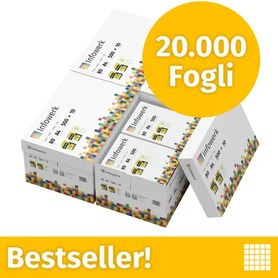 Immagine prodotto di NUOVO: Infowerk Carta per stampanti e fotocopie 20000 fogli 40 x 500 A4 Premium Bianco brillante CIE 160 Vincitrice del test Certificata PEFC