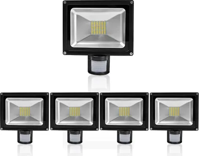 Immagine prodotto di Greenmigo 5 pezzi, faretti LED SMD da 50 W, proiettori da esterno con sensore di movimento PIR, impermeabili IP65, corpo in alluminio, nero, luce bianca calda, CA 85 ~ 265 V