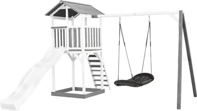 Produktbild von AXI Beach Tower Spielturm aus Holz in Weiß & Grau | Spielhaus für Kinder mit weißer Rutsche, Nestschaukel und Sandkasten | Stelzenhaus für den Garten